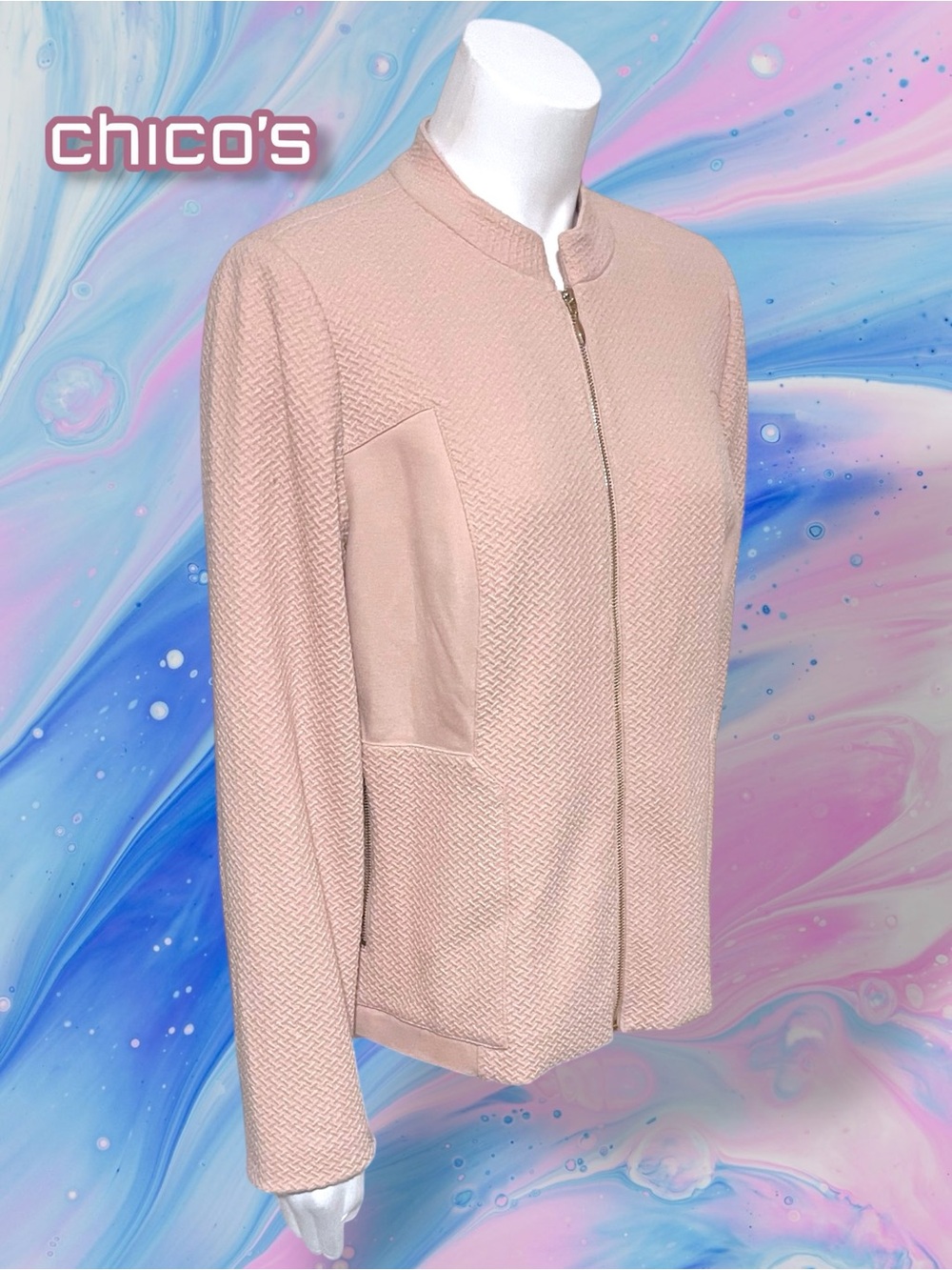 Chico's Blush Pink Textured Knit Full Zip Panel Jacket Sz 1 - 8/10